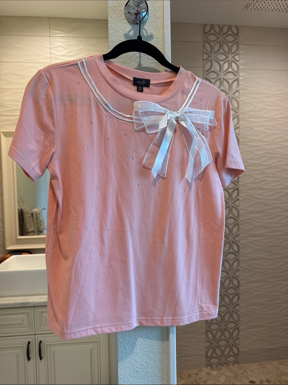 Pink Short Sleeve Tee with White Bow Detail